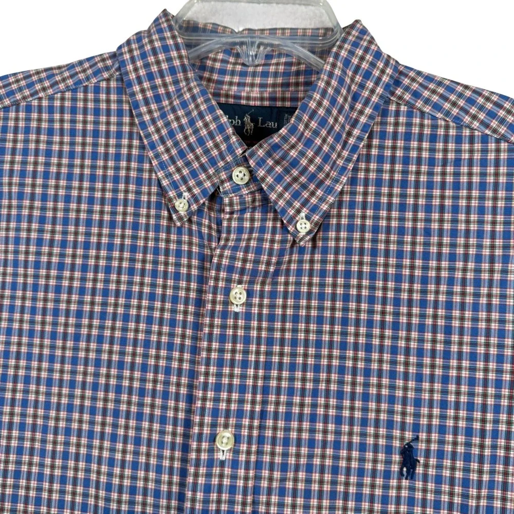 Ralph Lauren Button Down Shirt Mens XL Blue Plaid Classic Fit Short Sleeve 2133